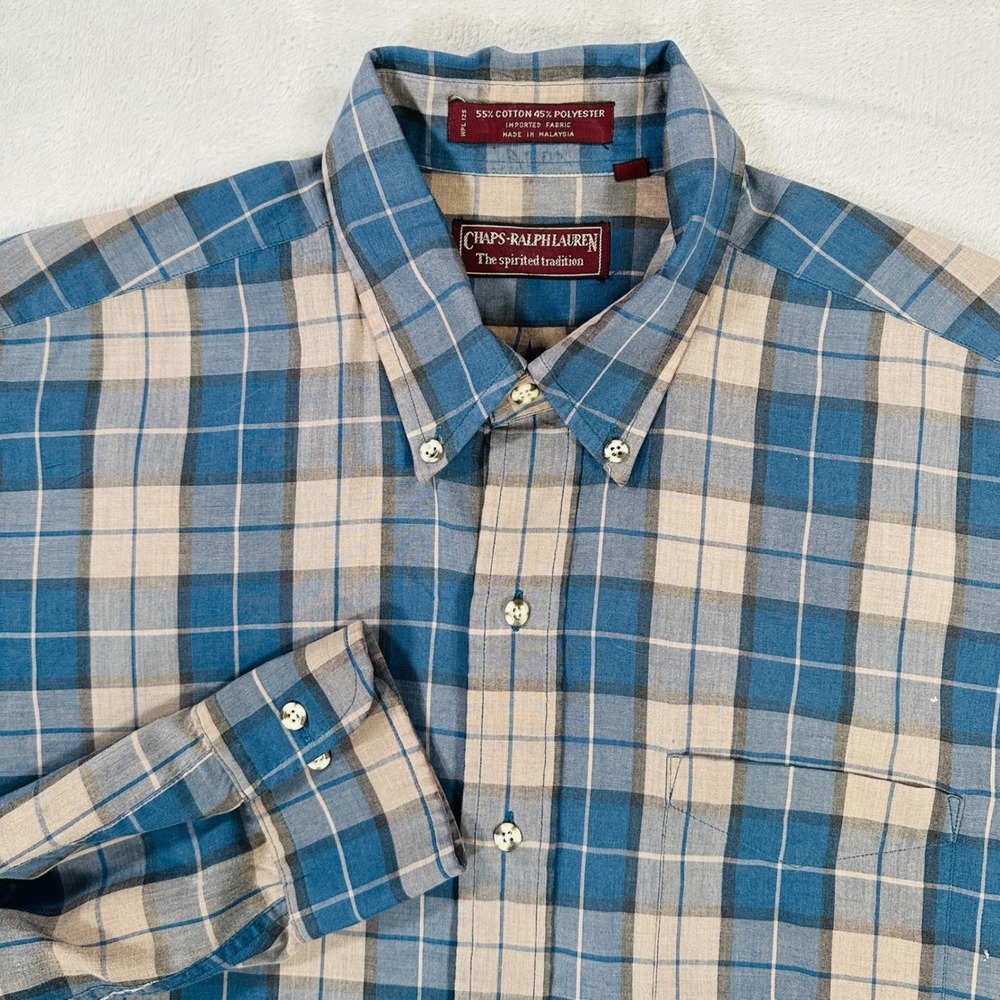 Chaps Ralph Lauren Shirt Mens Large Blue Tan Plaid Button Down Long Sleeve